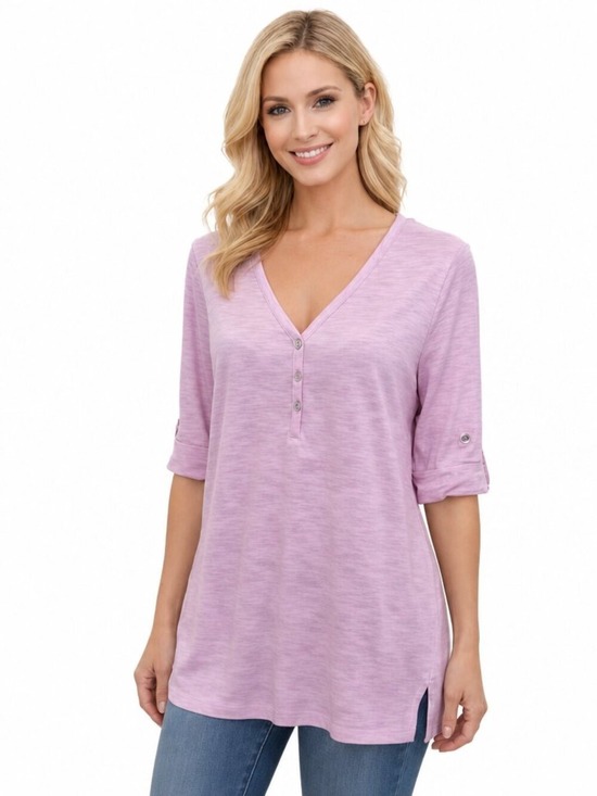 Chico's Tops - Chico’s Pinkish Lavender V-Neck Tunic Top | Relaxed Fit, 3/4 Tab Sleeves, Size M
